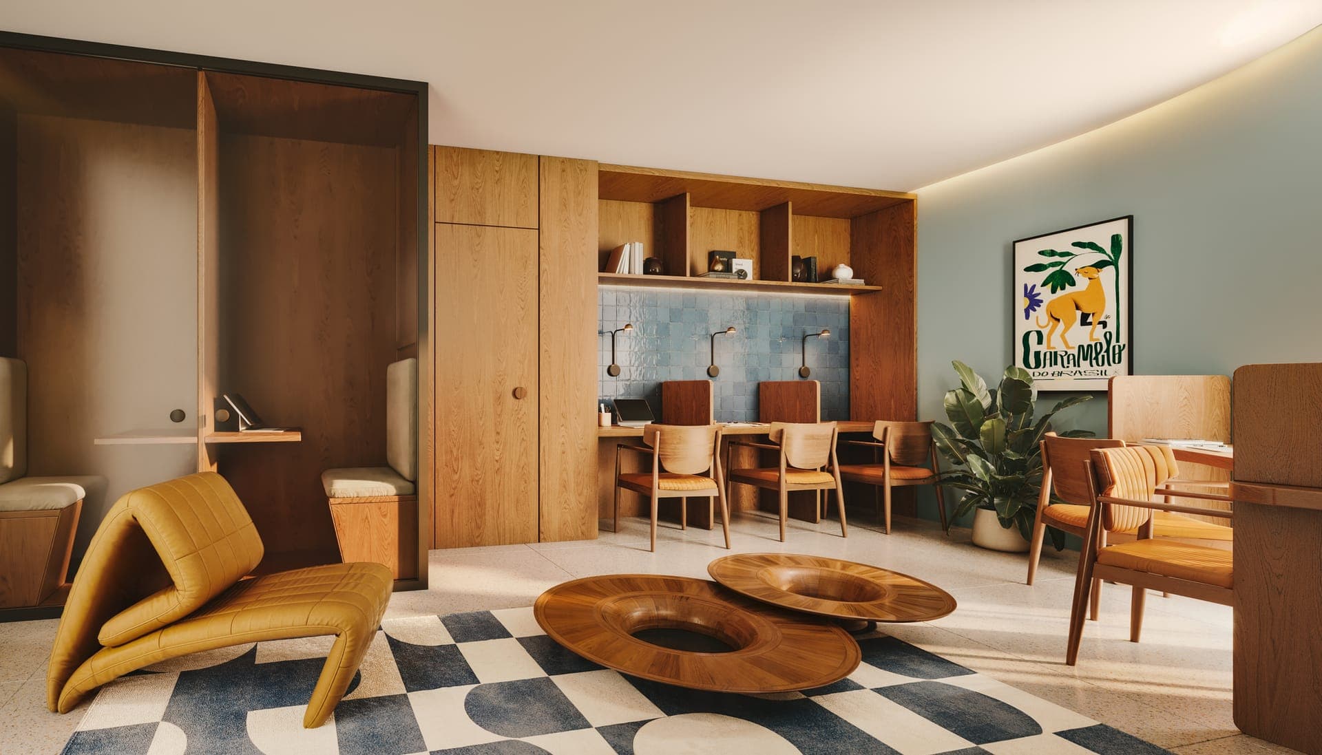 Coworking do Âmbar com bancadas de trabalho e cabines