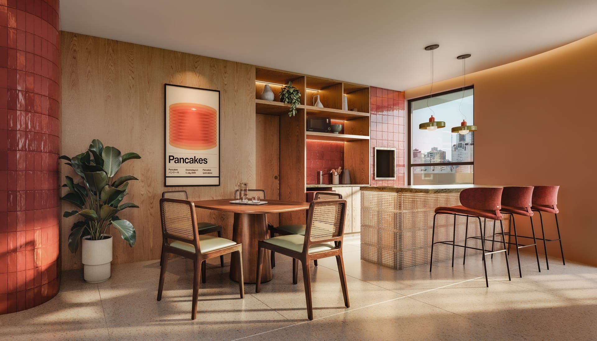 Espaço gourmet interno do Âmbar com mesa e bancada