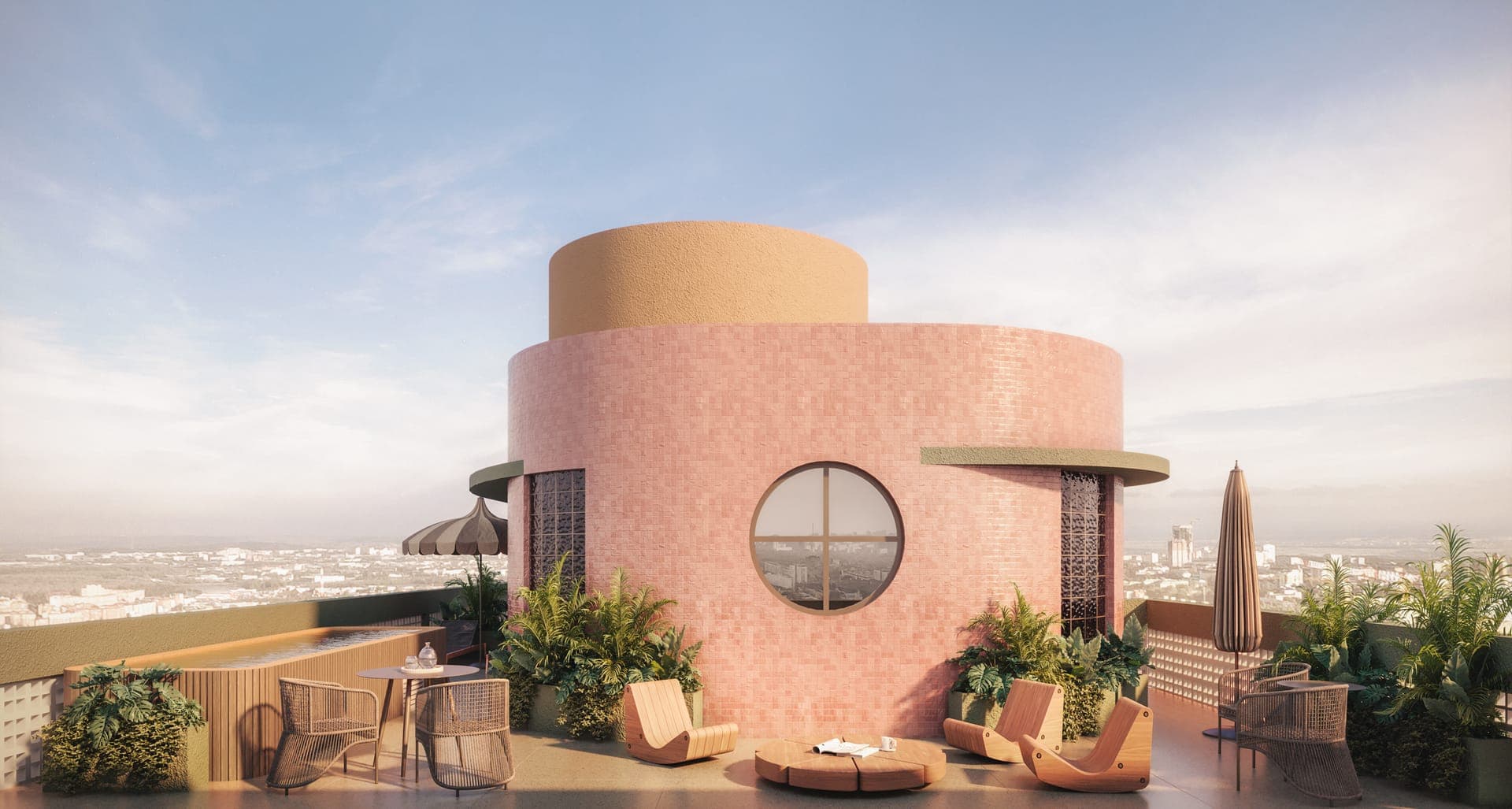 Terraço do Âmbar com piscina e vista da cidade