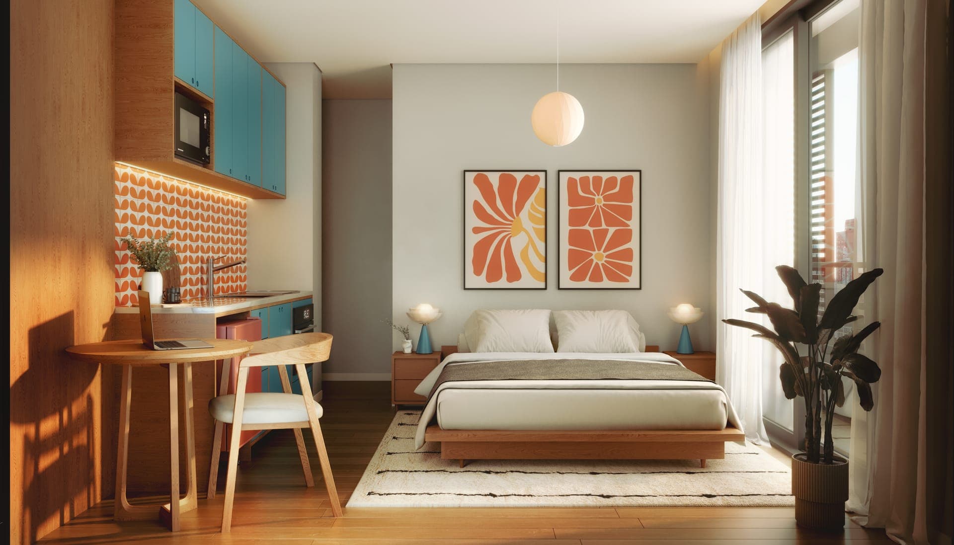 Studio decorado do Âmbar (unidade 309) com cama e cozinha compacta