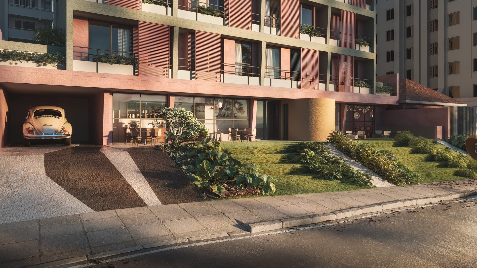 Térreo do Âmbar com jardim em declive e coffee shop