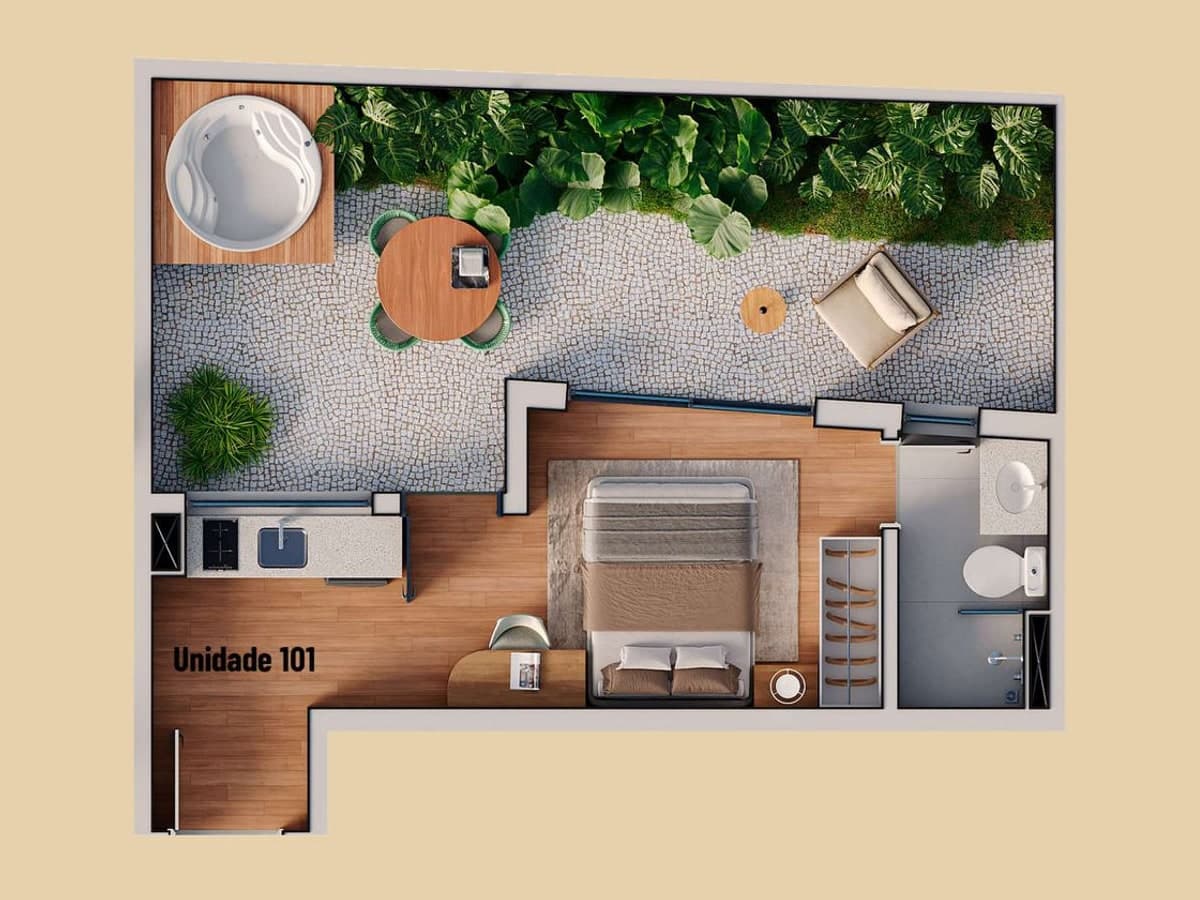 Planta do garden de 43,54 m² do Âmbar, com terraço