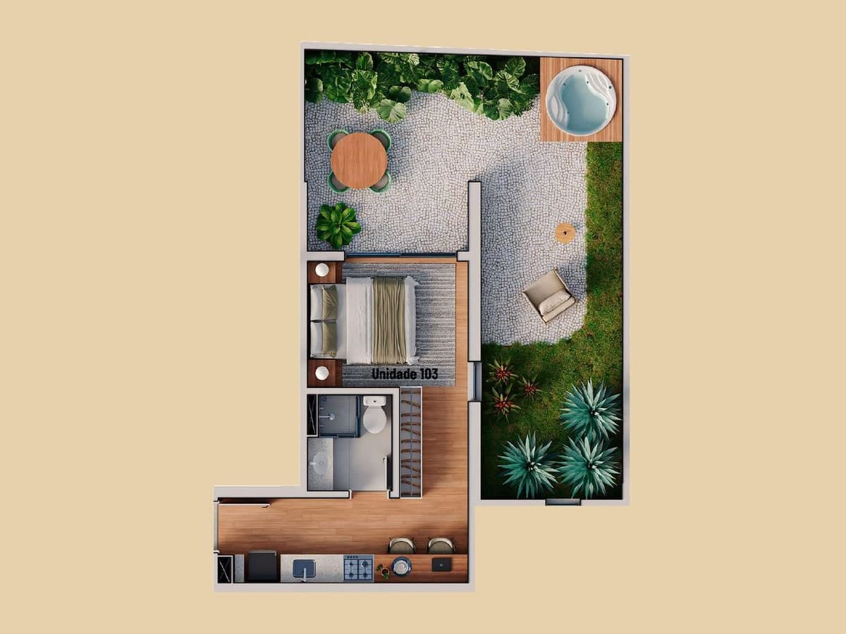 Planta do garden de 61,60 m² do Âmbar, com terraço amplo