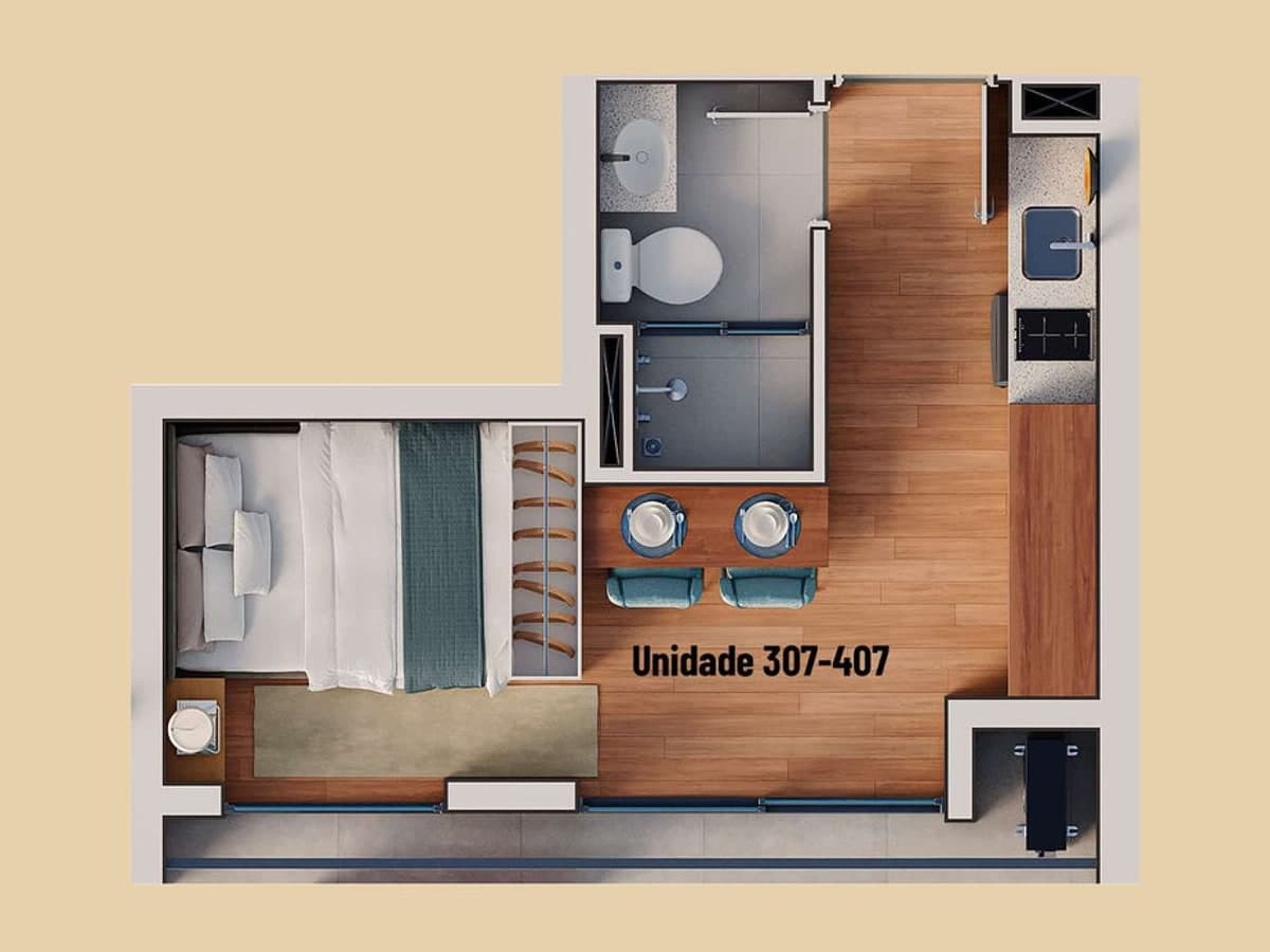 Planta do studio de 20,23 m² do Âmbar