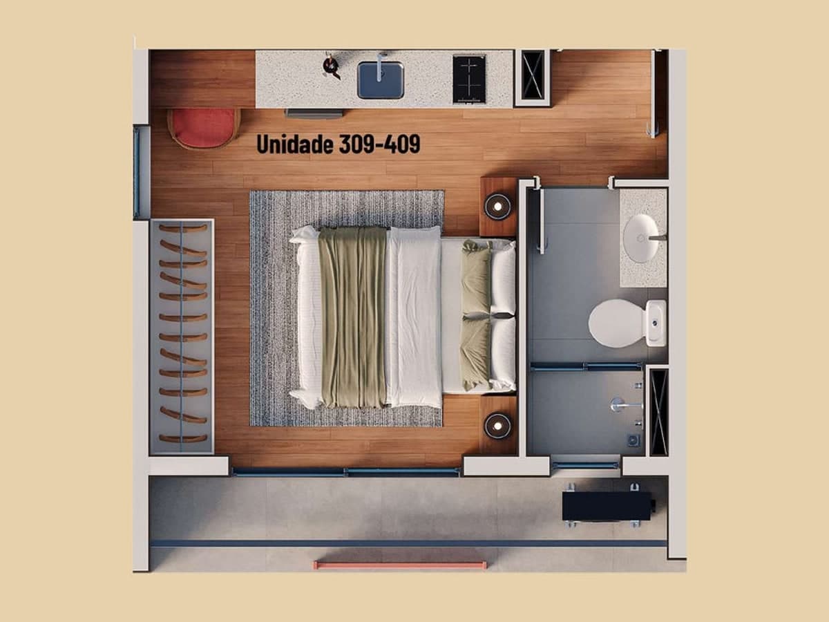 Planta do studio de 22,49 m² do Âmbar