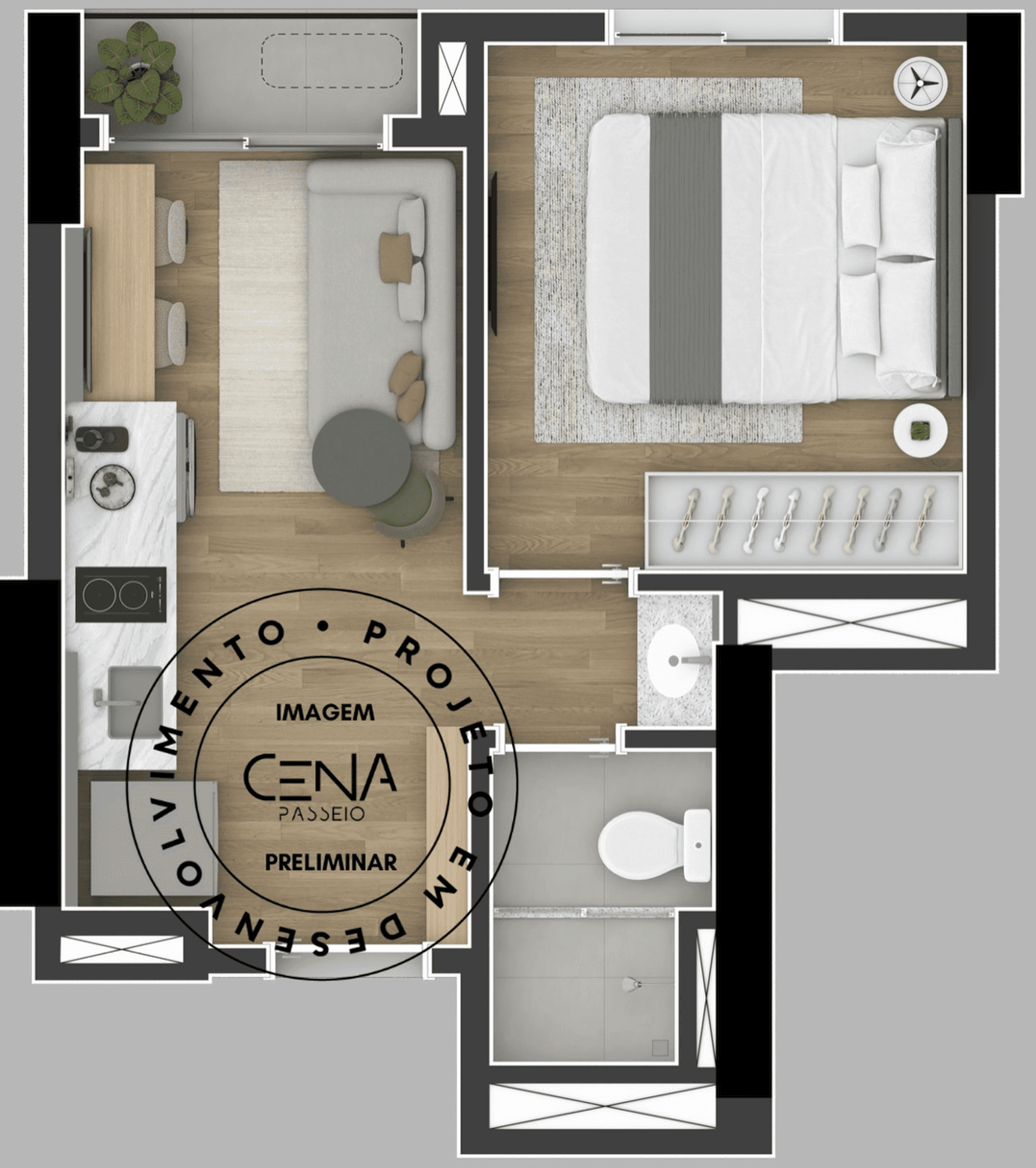 Planta do apartamento de 1 dormitório, 25m², Cena Passeio