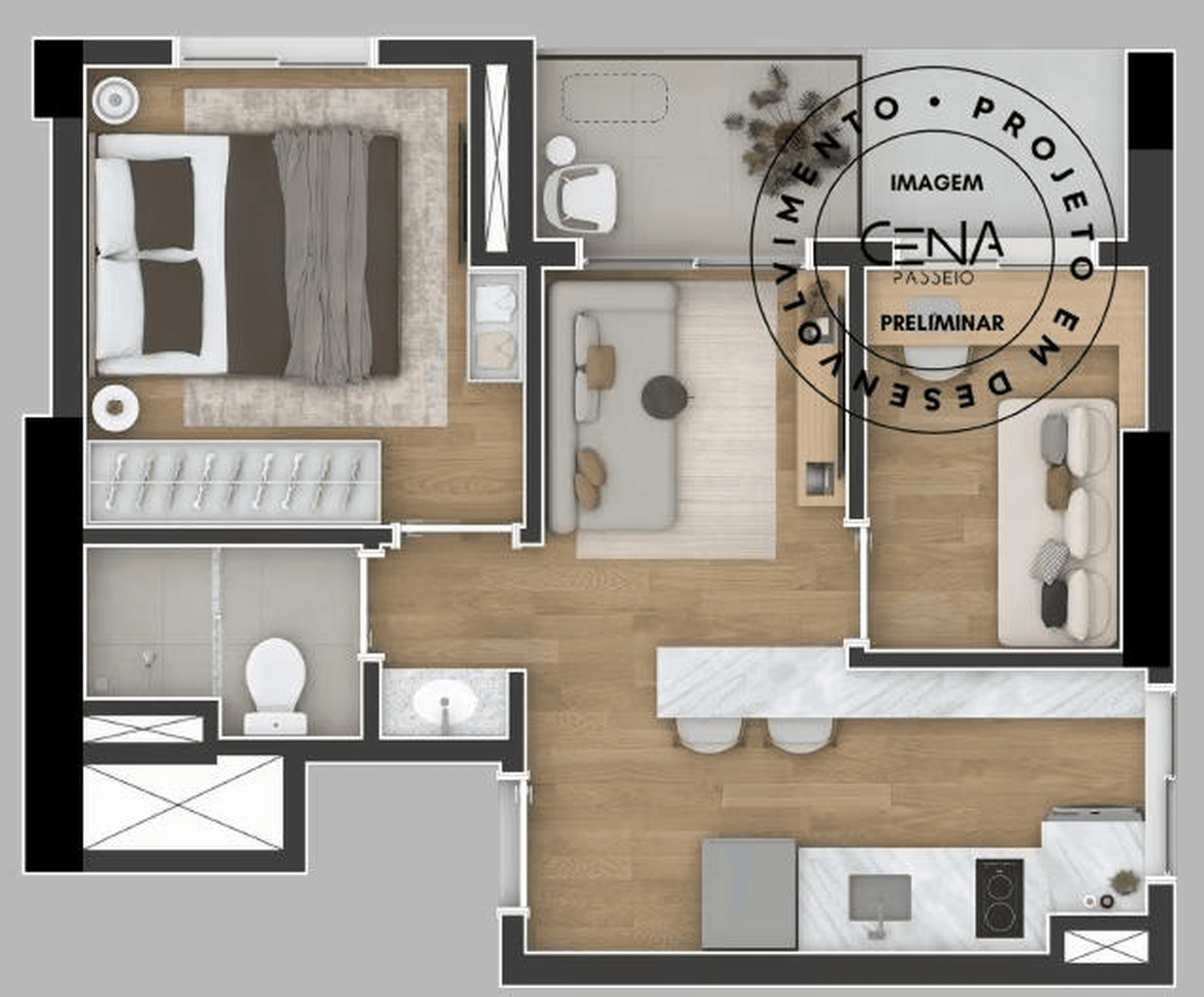 Planta do apartamento de 1 dormitório com home, 34m², Cena Passeio