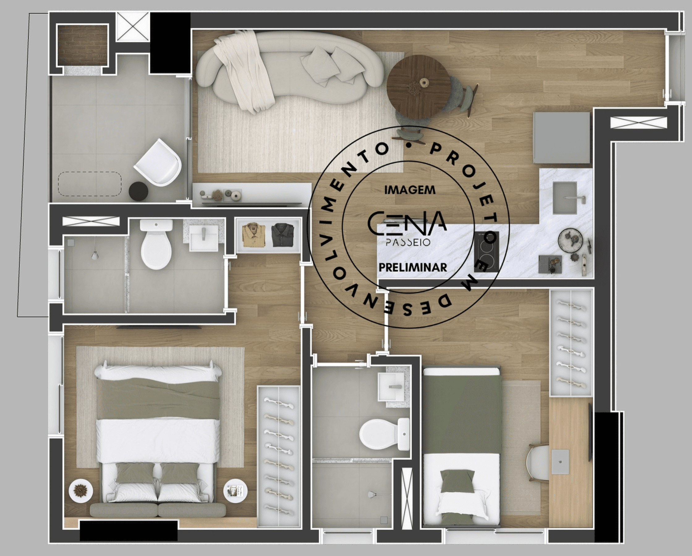 Planta do apartamento de 2 dormitórios, 44m², Cena Passeio