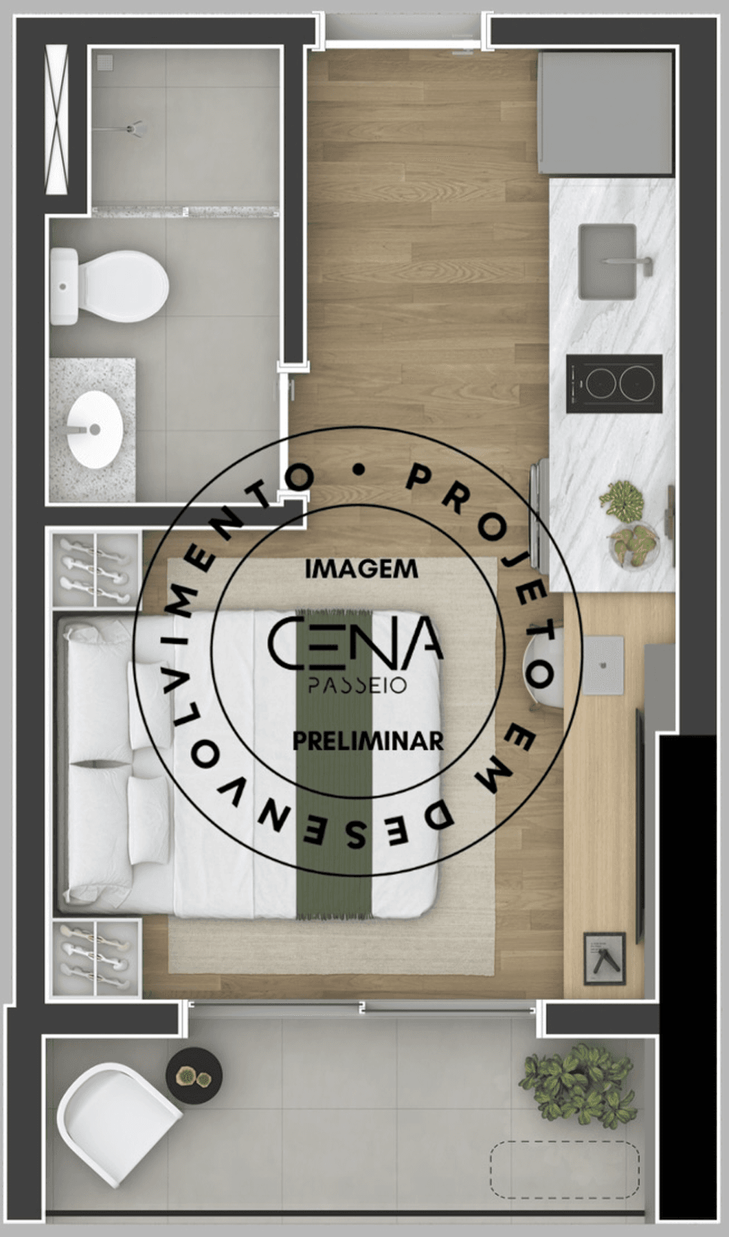 Planta do studio de 21m² do Cena Passeio