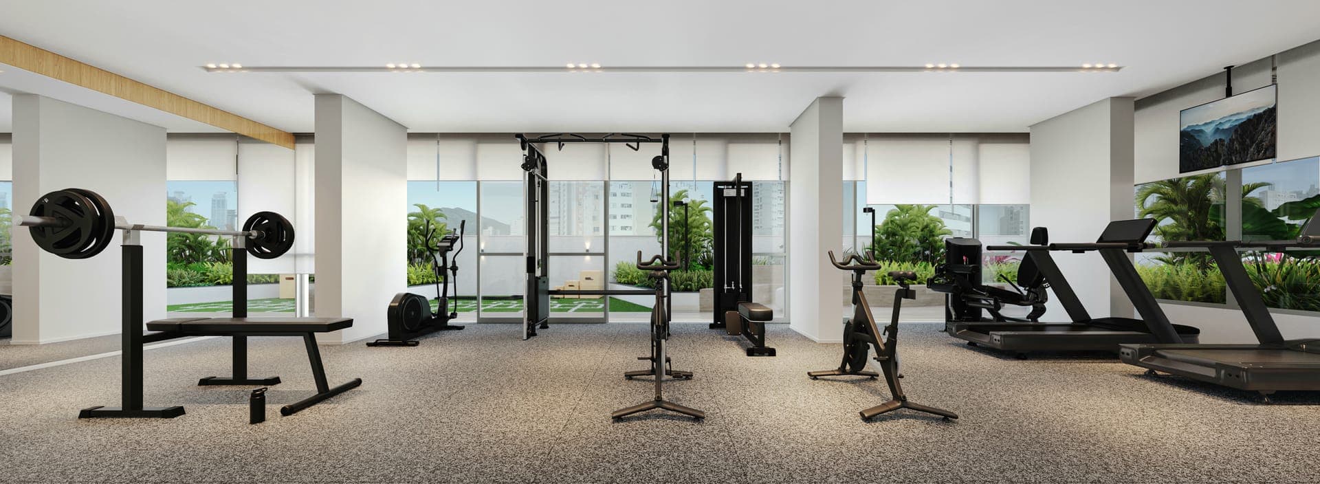 Academia do Core Palácio com equipamentos de musculação e vista para o terraço