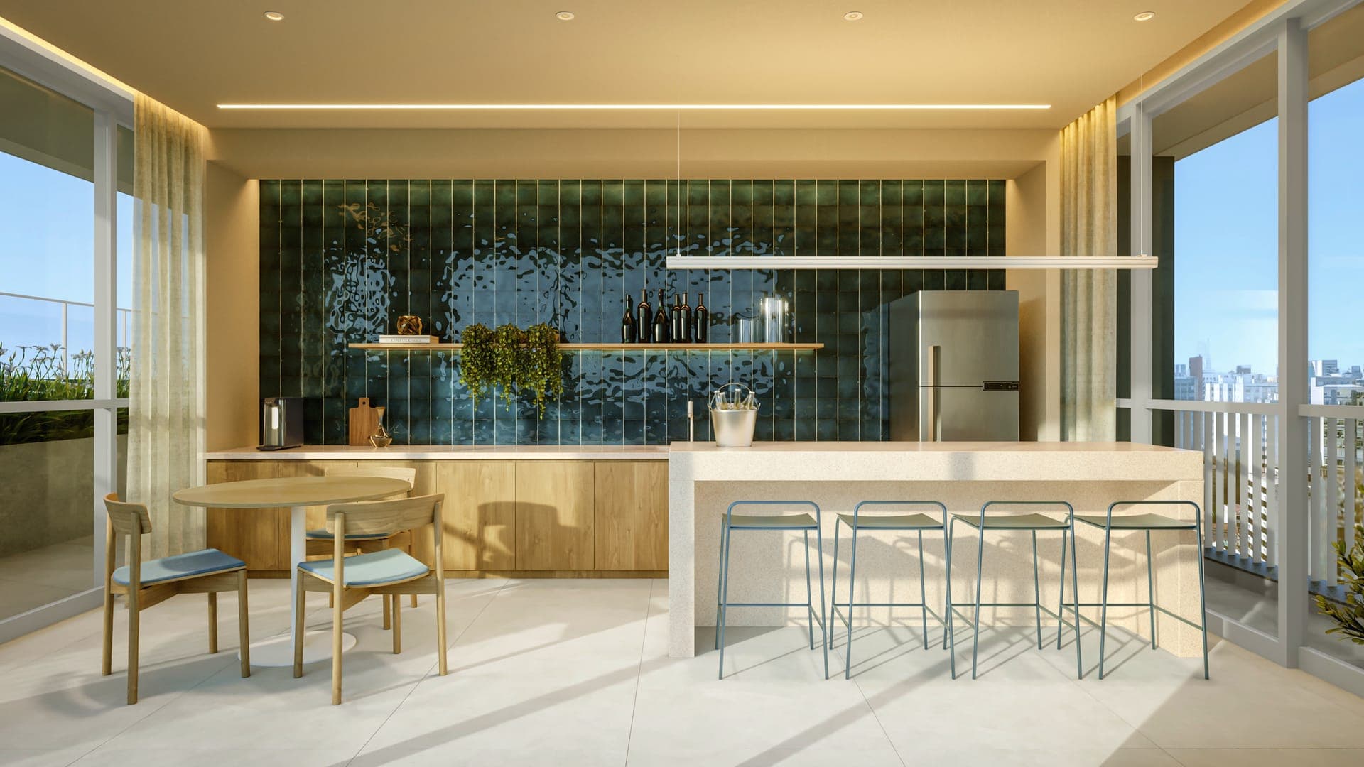 Bar da piscina do Core Palácio com bancada e banquetas