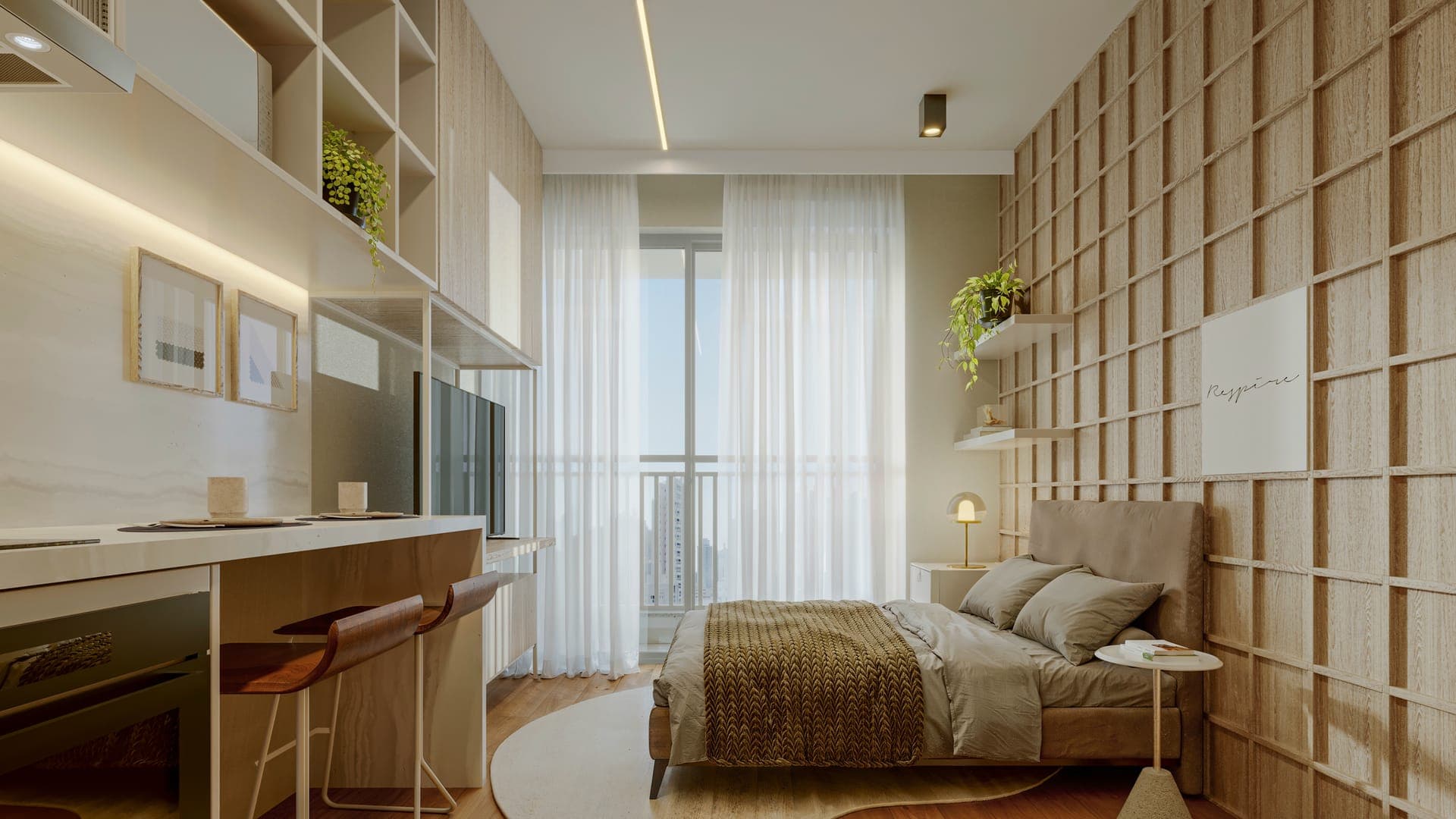 Apartamento decorado do Core Palácio com cama, bancada de trabalho e janela