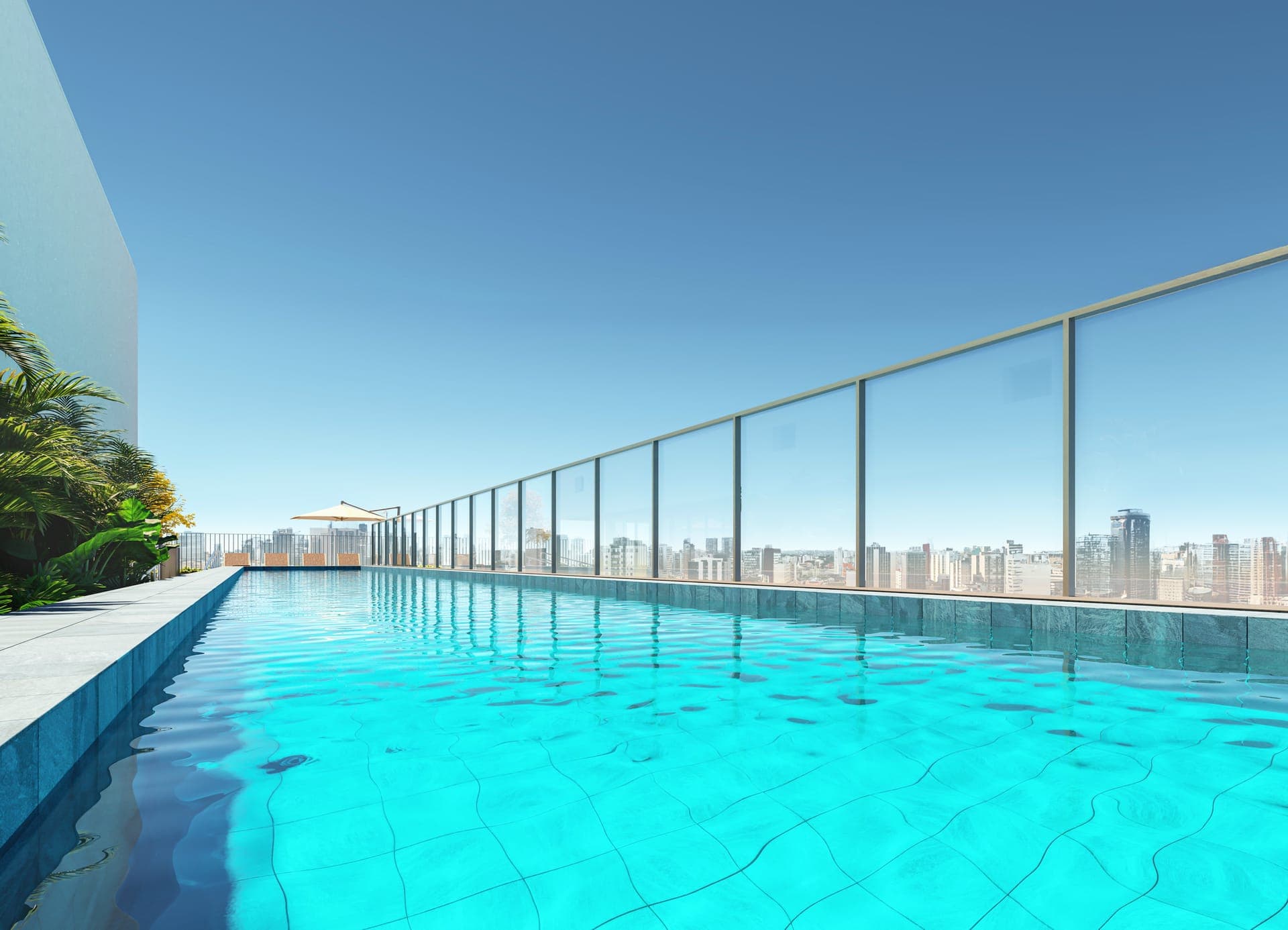 Piscina descoberta do Core Palácio no ático, com vista da cidade