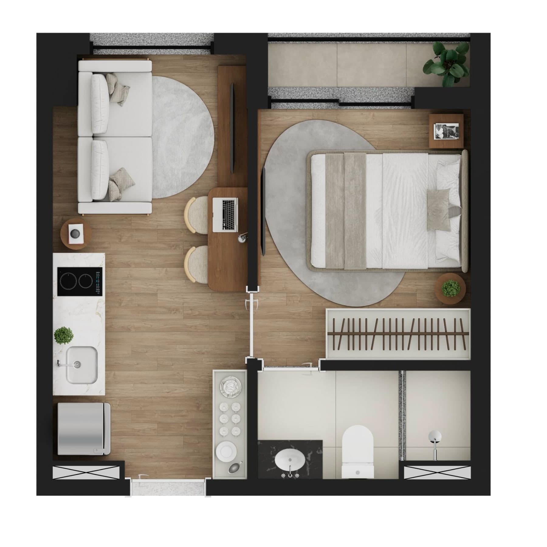 Planta de apartamento de 1 quarto de 26,96 m² do Core Palácio