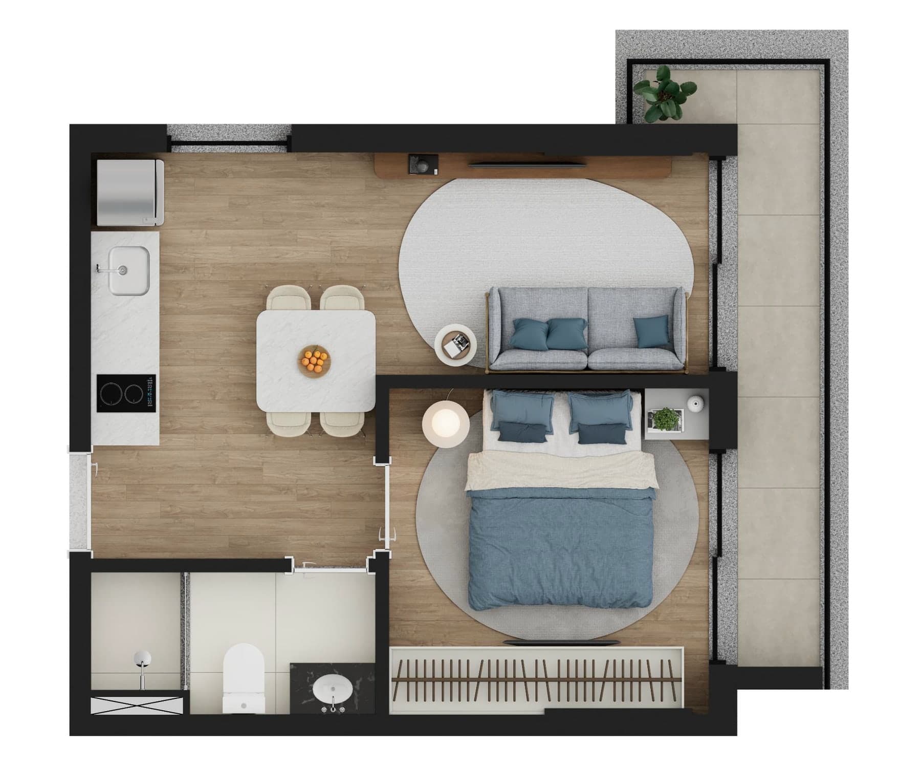 Planta de apartamento de 2 quartos de 36,57 m² do Core Palácio