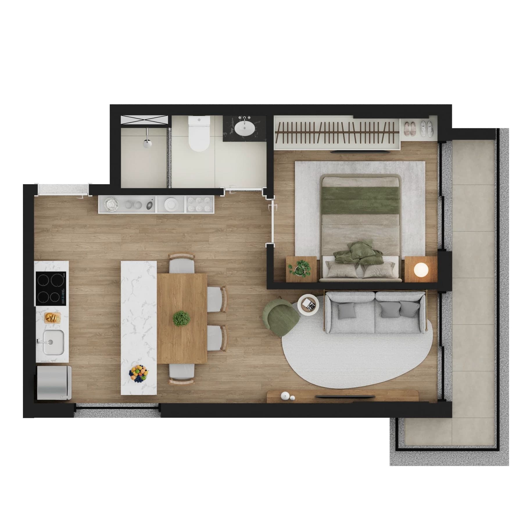 Planta de apartamento de 2 quartos de 42,06 m² do Core Palácio