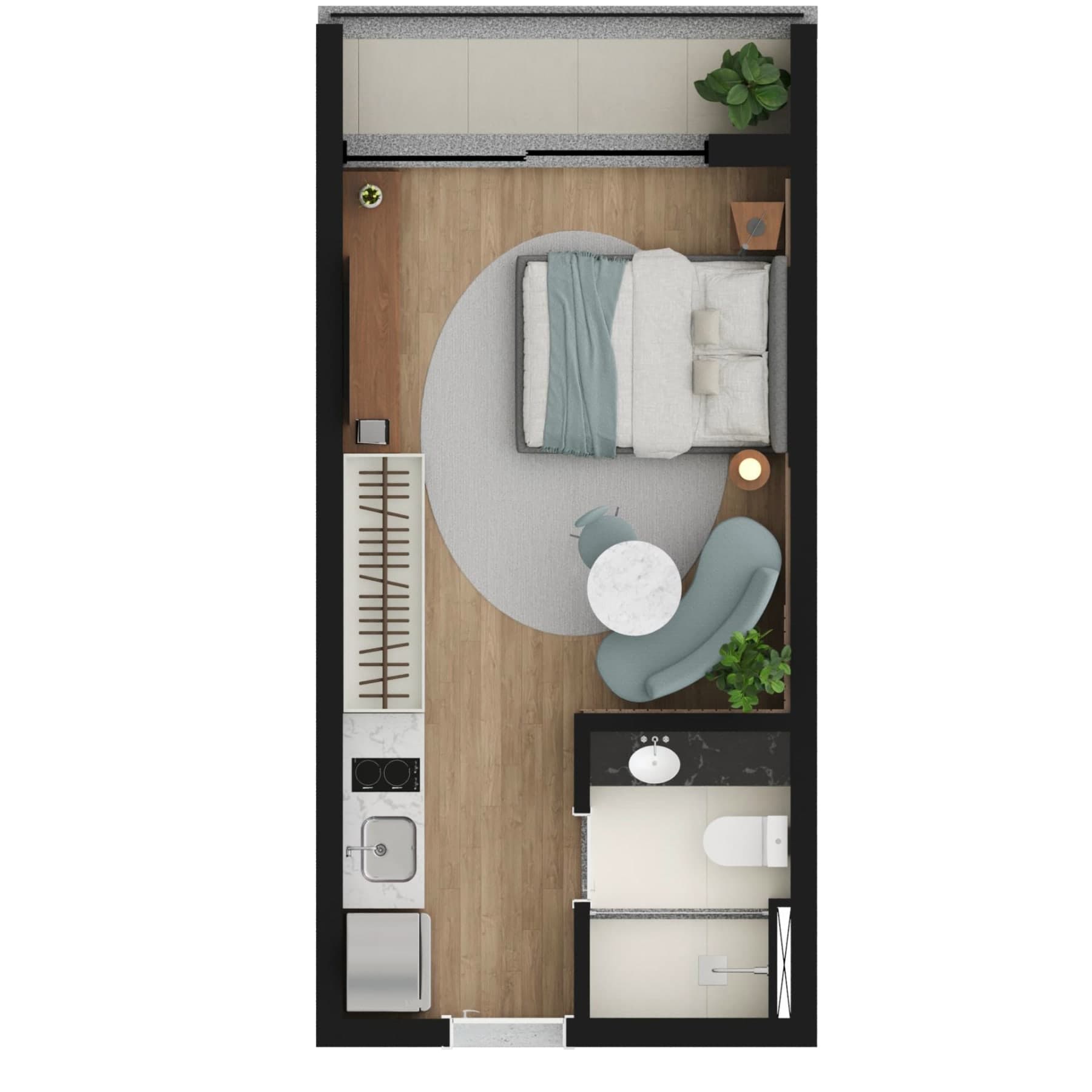 Planta de studio de 25,39 m² do Core Palácio