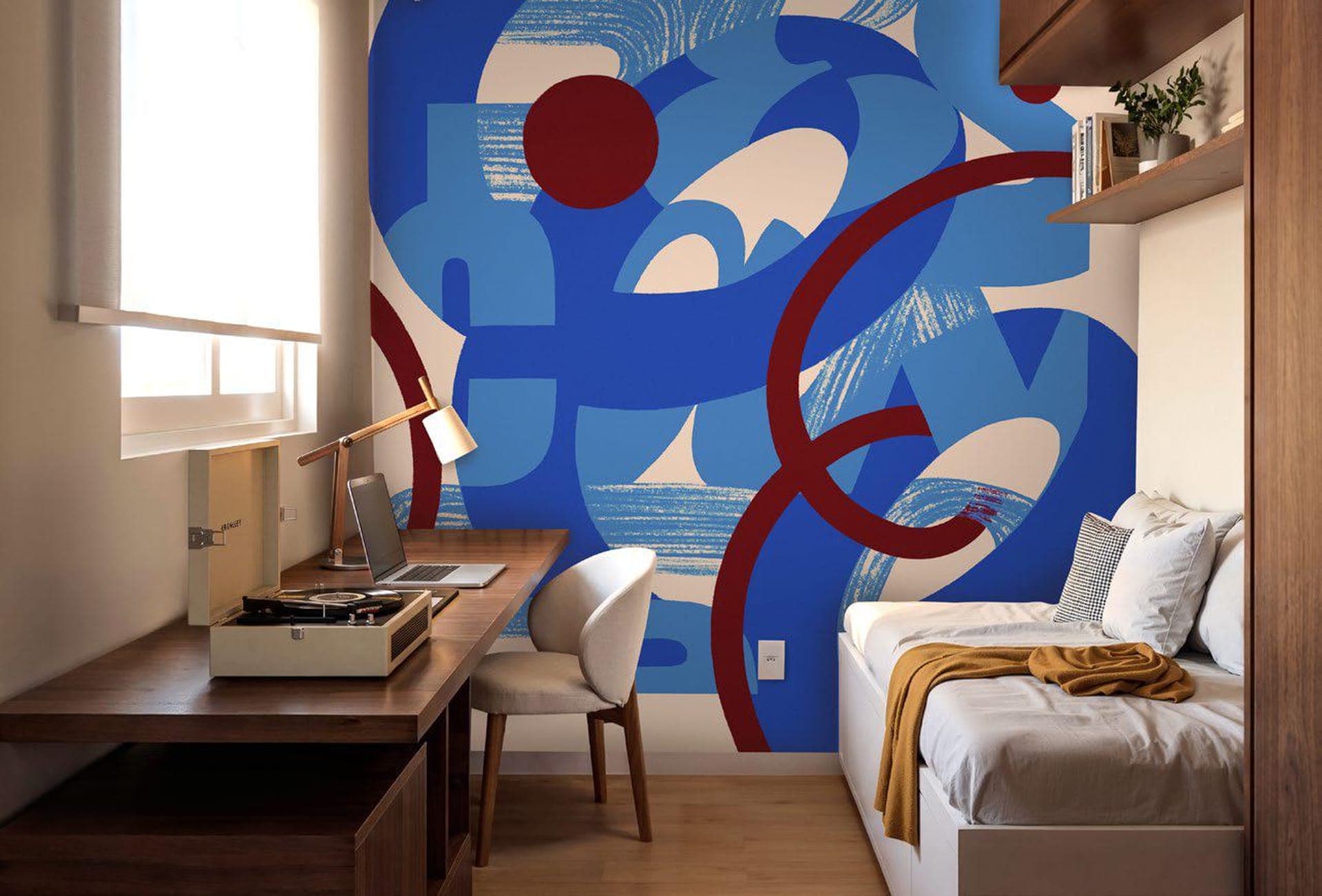 Quarto decorado do Hauer 4You com escrivaninha e mural colorido