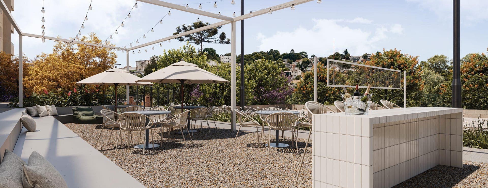 Outdoor living do Hauer 4You com ombrelones e bancada