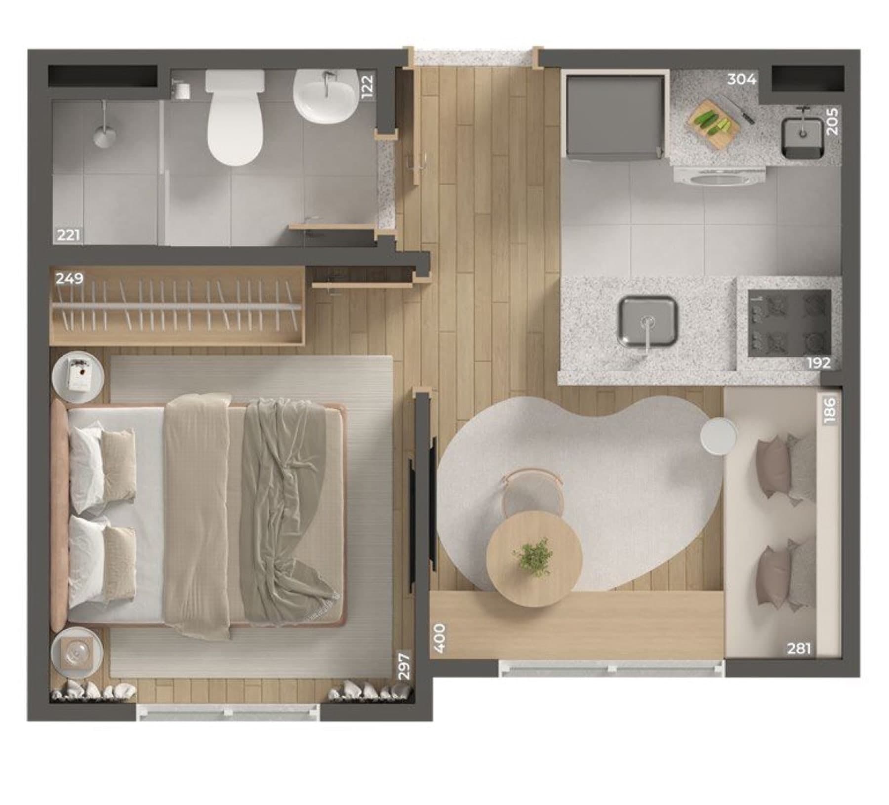 Planta do apartamento de 1 quarto do Hauer 4You, com 24,32 m²