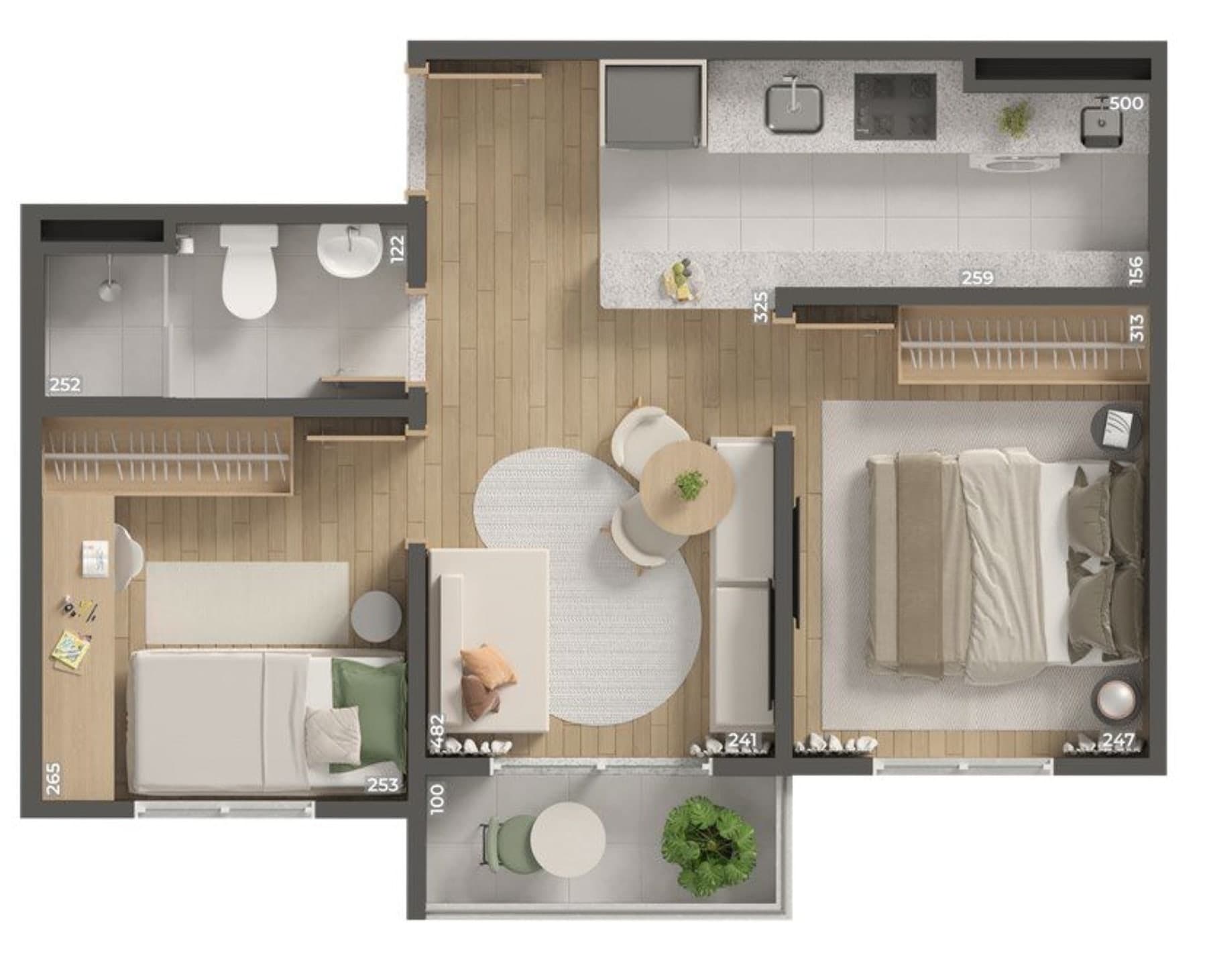 Planta do apartamento de 2 quartos do Hauer 4You, com 39,65 m² e sacada