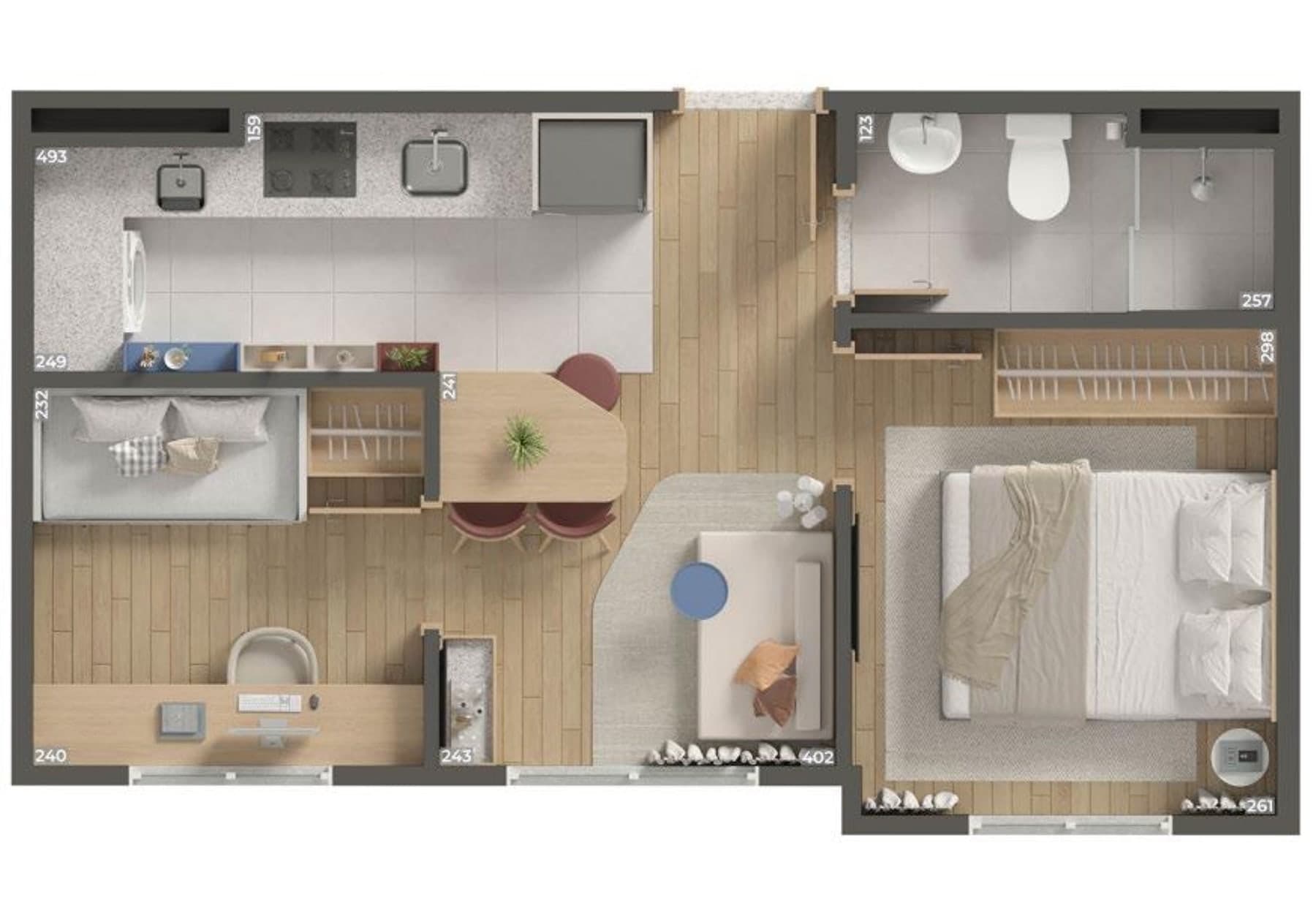 Planta do apartamento de 2 quartos do Hauer 4You, com 33,61 m²