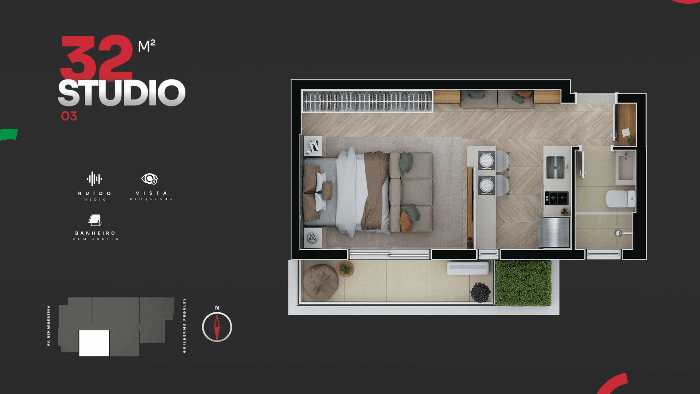 Planta baixa: 1 dormitório(s), 29.53m² — Piazza di Roma