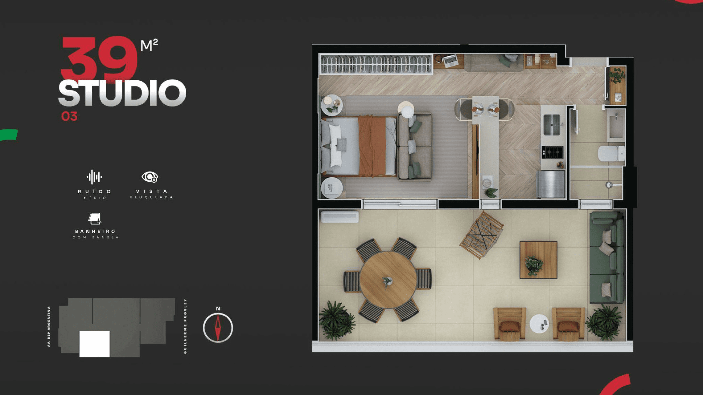 Planta baixa: 1 dormitório(s), 39.13m² — Piazza di Roma