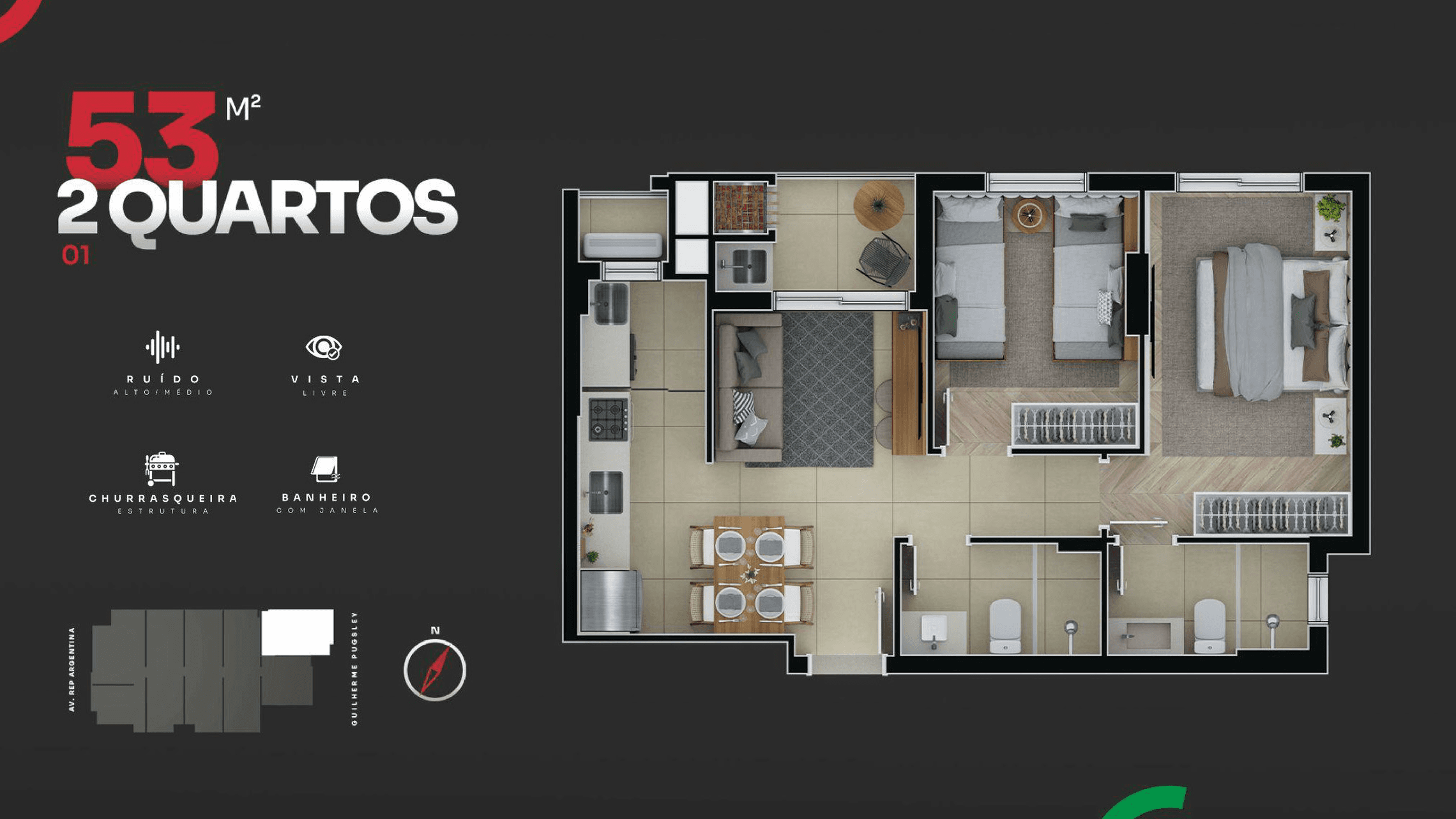 Planta baixa: 2 dormitório(s), 53.99m² — Piazza di Roma